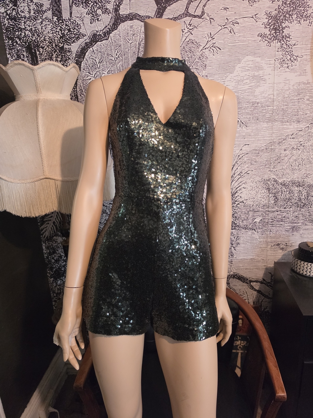 Sequin Halter Romper in Dark Green